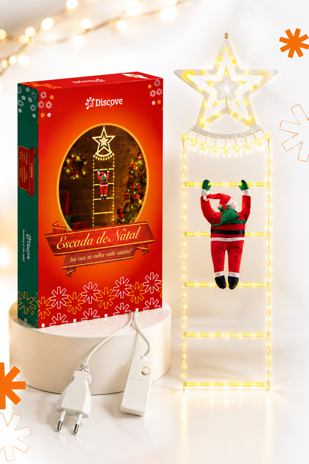 Escada de Luz LED Discove com Papai Noel e Estrela – 1,5m (Série N67)